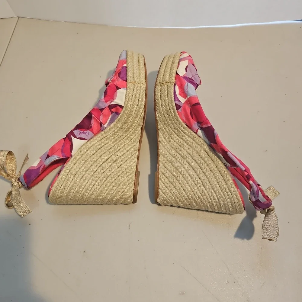 Coach Pink/Gold Espadrilles Wedge Canvas & Leather Henley Sandal Sz 7.5B